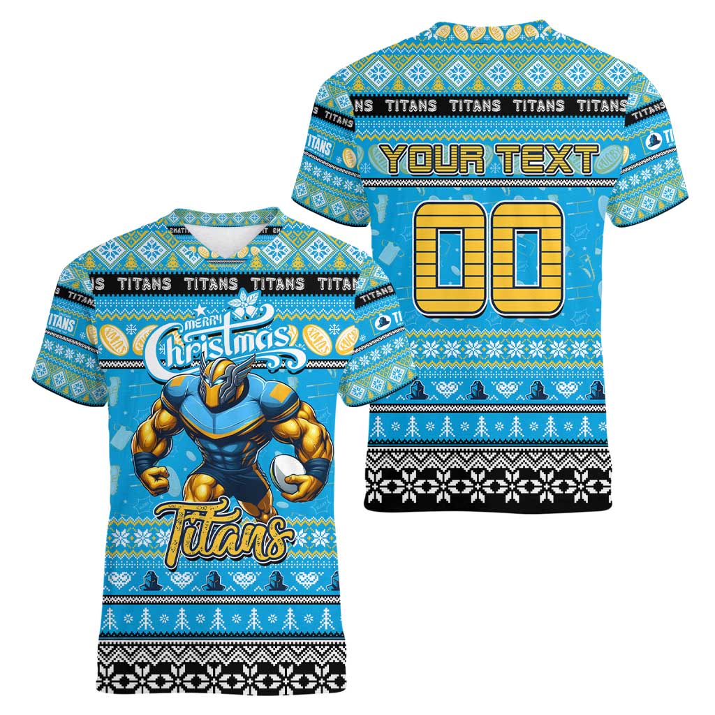 Personalized Titans Rugby Xmas Women V-Neck T-Shirt Australia NRL Mascot