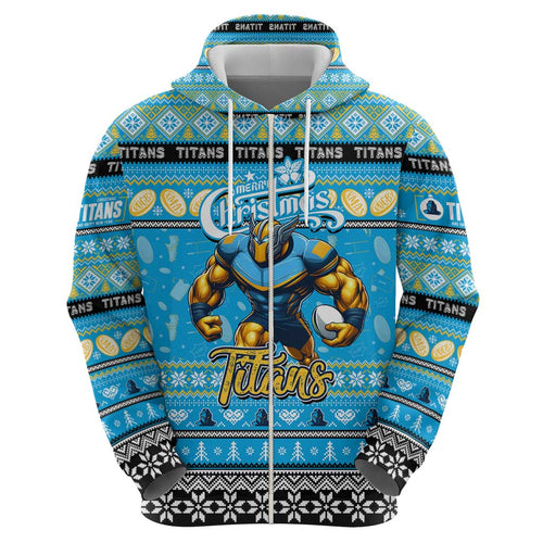 Personalized Titans Rugby Xmas Zip Hoodie Australia NRL Mascot