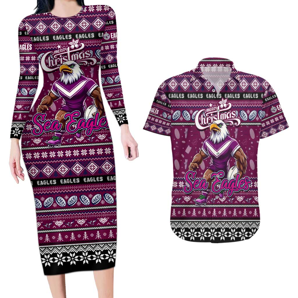 Personalized Sea Eagles Rugby Xmas Couples Matching Long Sleeve Bodycon Dress and Hawaiian Shirt Australia NRL Mascot