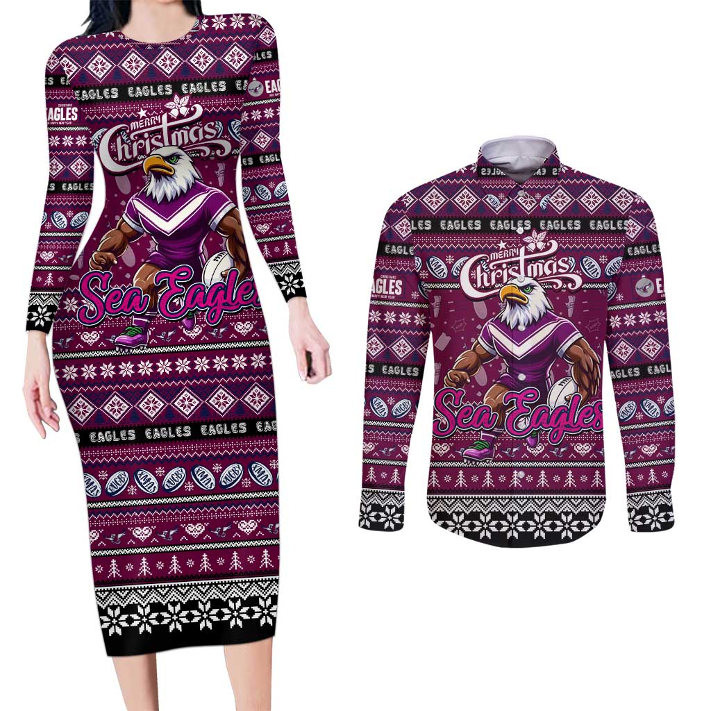 Personalized Sea Eagles Rugby Xmas Couples Matching Long Sleeve Bodycon Dress and Long Sleeve Button Shirt Australia NRL Mascot