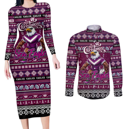 Personalized Sea Eagles Rugby Xmas Couples Matching Long Sleeve Bodycon Dress and Long Sleeve Button Shirt Australia NRL Mascot