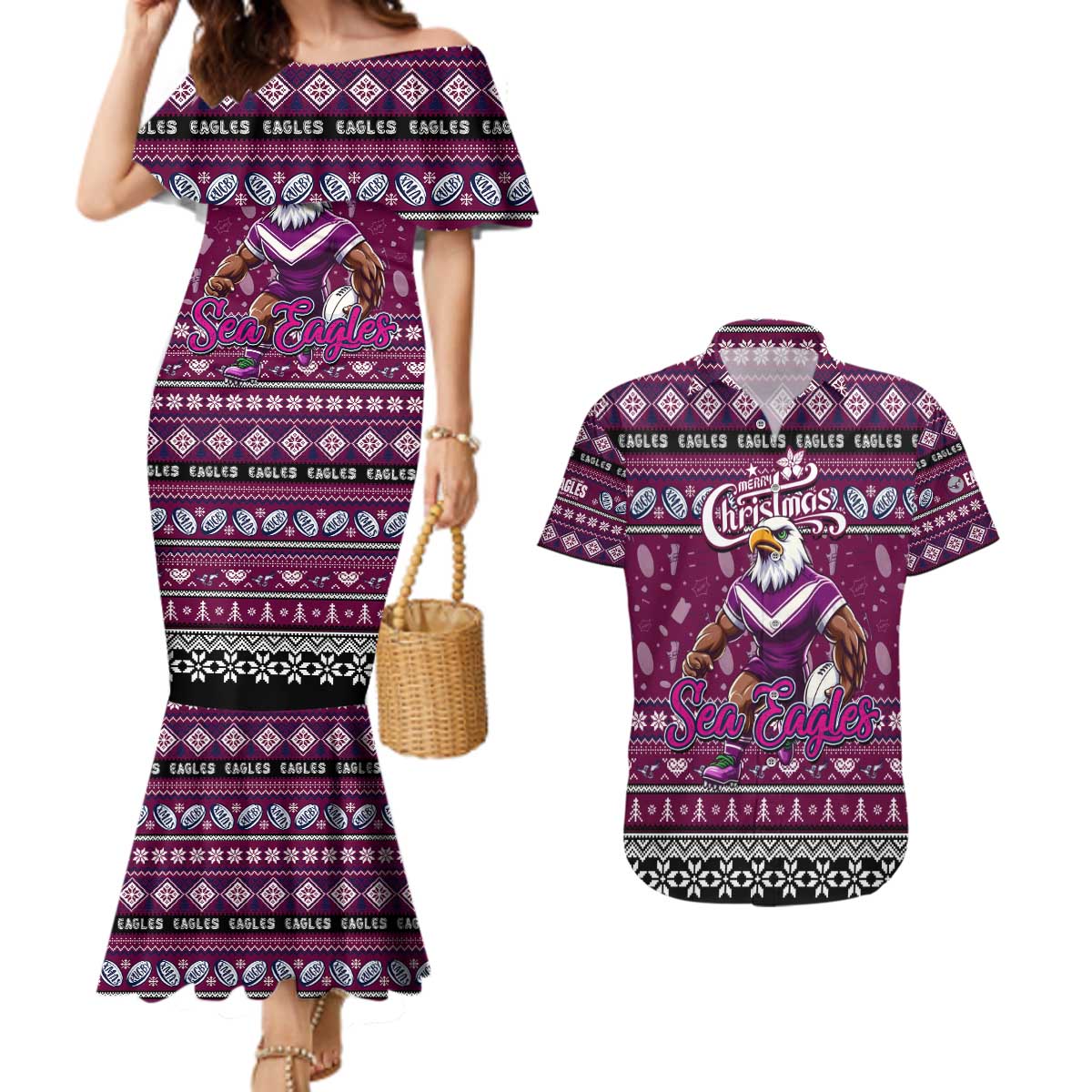 Personalized Sea Eagles Rugby Xmas Couples Matching Mermaid Dress and Hawaiian Shirt Australia NRL Mascot