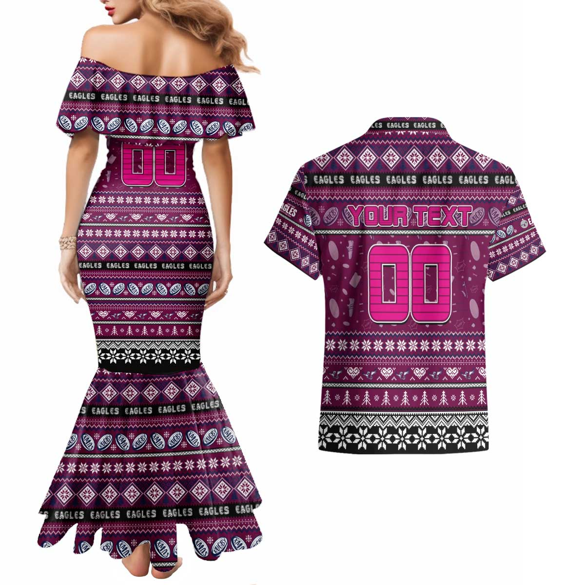 Personalized Sea Eagles Rugby Xmas Couples Matching Mermaid Dress and Hawaiian Shirt Australia NRL Mascot
