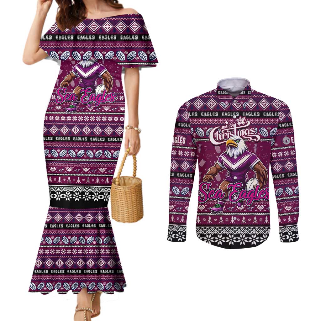 Personalized Sea Eagles Rugby Xmas Couples Matching Mermaid Dress and Long Sleeve Button Shirt Australia NRL Mascot
