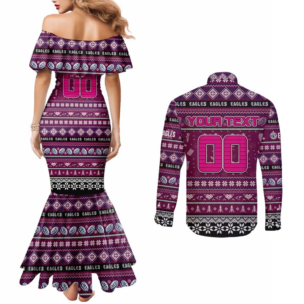 Personalized Sea Eagles Rugby Xmas Couples Matching Mermaid Dress and Long Sleeve Button Shirt Australia NRL Mascot