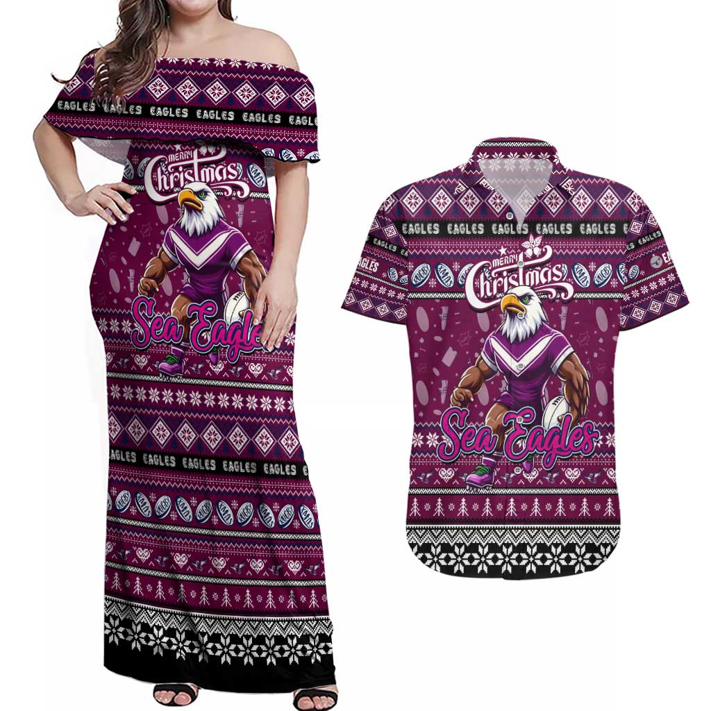Personalized Sea Eagles Rugby Xmas Couples Matching Off Shoulder Maxi Dress and Hawaiian Shirt Australia NRL Mascot
