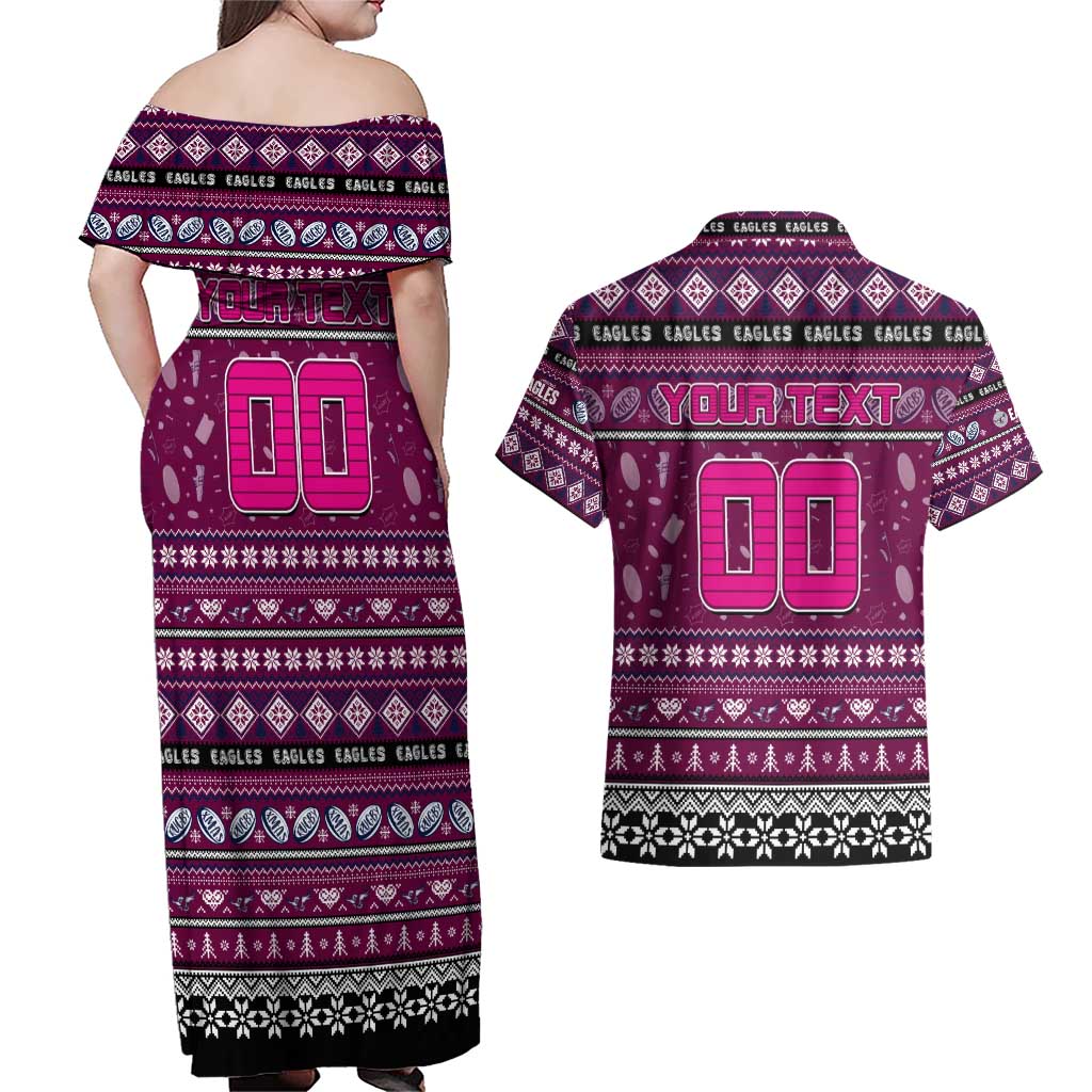 Personalized Sea Eagles Rugby Xmas Couples Matching Off Shoulder Maxi Dress and Hawaiian Shirt Australia NRL Mascot