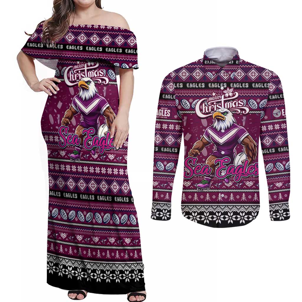 Personalized Sea Eagles Rugby Xmas Couples Matching Off Shoulder Maxi Dress and Long Sleeve Button Shirt Australia NRL Mascot