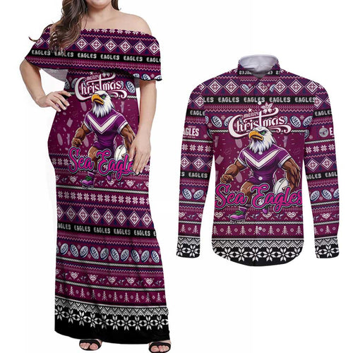 Personalized Sea Eagles Rugby Xmas Couples Matching Off Shoulder Maxi Dress and Long Sleeve Button Shirt Australia NRL Mascot