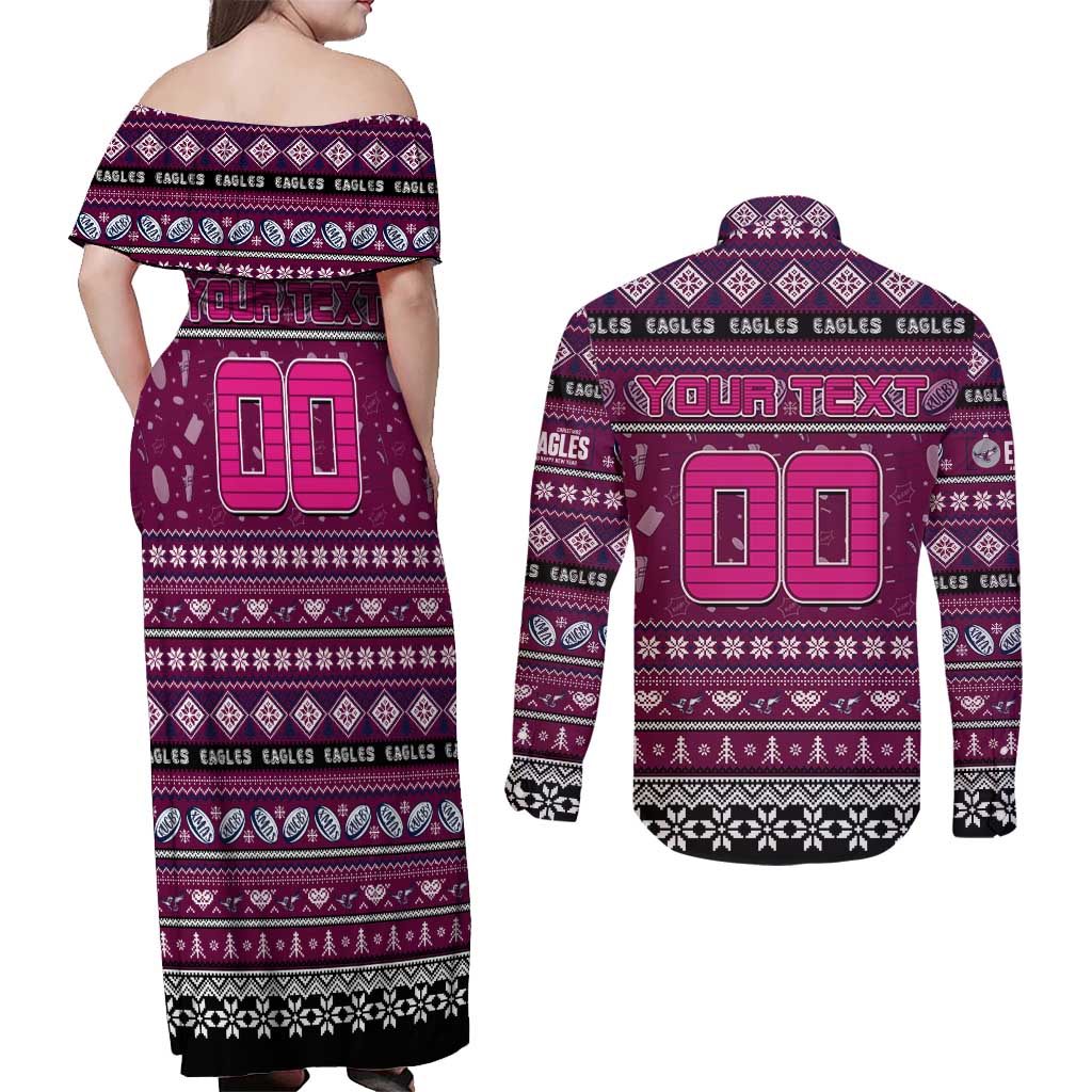 Personalized Sea Eagles Rugby Xmas Couples Matching Off Shoulder Maxi Dress and Long Sleeve Button Shirt Australia NRL Mascot