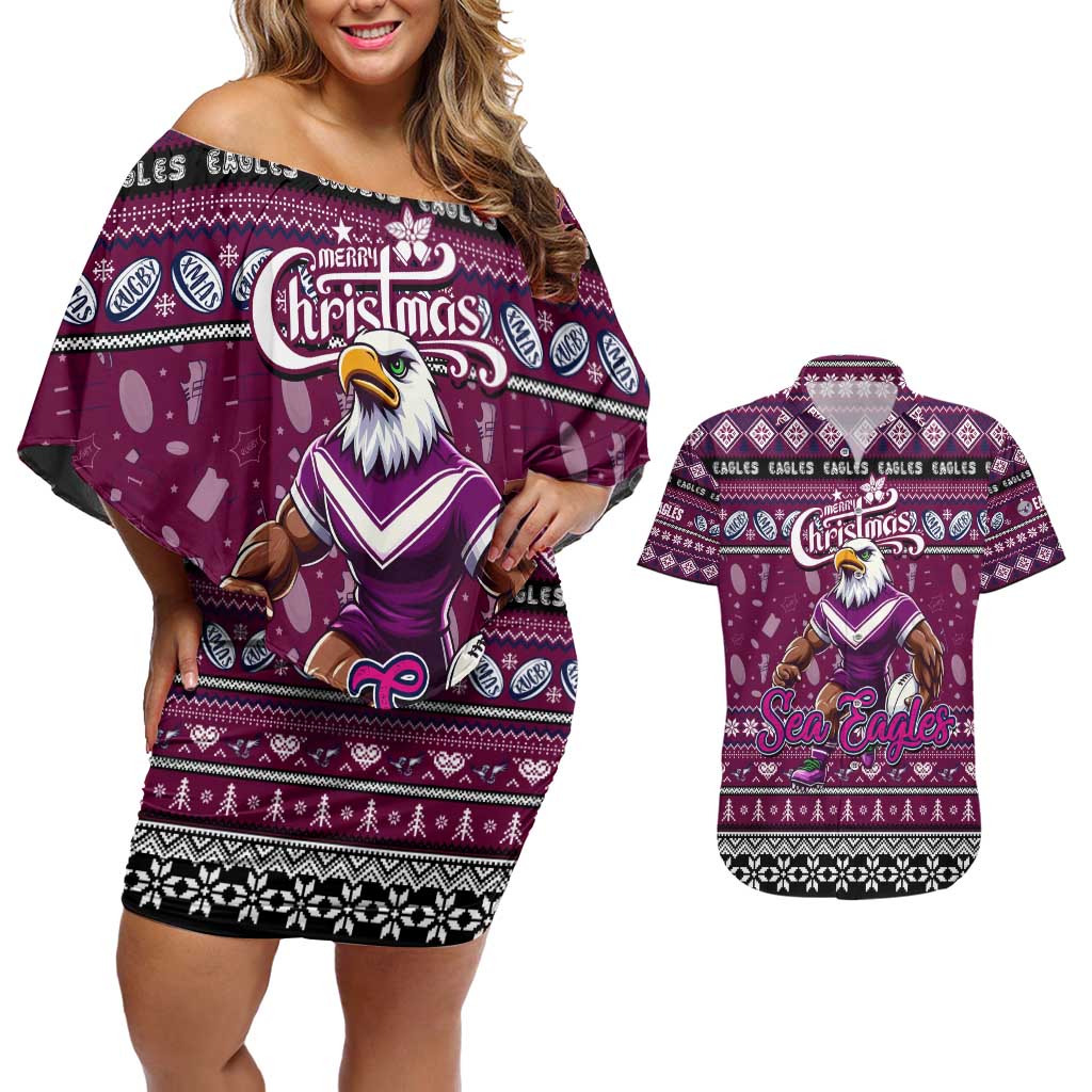 Personalized Sea Eagles Rugby Xmas Couples Matching Off Shoulder Short Dress and Hawaiian Shirt Australia NRL Mascot
