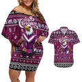 Personalized Sea Eagles Rugby Xmas Couples Matching Off Shoulder Short Dress and Hawaiian Shirt Australia NRL Mascot