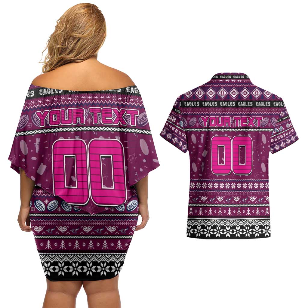 Personalized Sea Eagles Rugby Xmas Couples Matching Off Shoulder Short Dress and Hawaiian Shirt Australia NRL Mascot