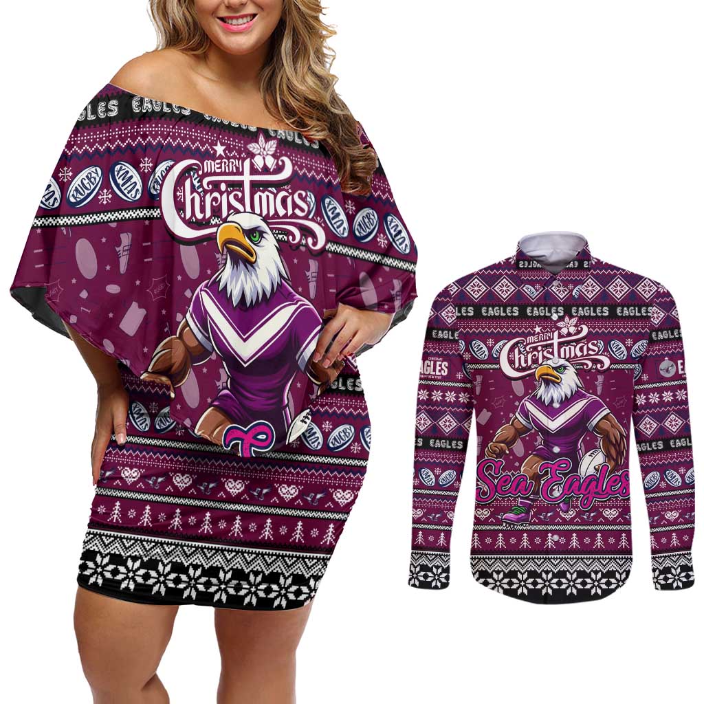 Personalized Sea Eagles Rugby Xmas Couples Matching Off Shoulder Short Dress and Long Sleeve Button Shirt Australia NRL Mascot