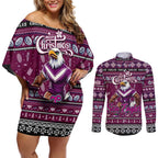 Personalized Sea Eagles Rugby Xmas Couples Matching Off Shoulder Short Dress and Long Sleeve Button Shirt Australia NRL Mascot