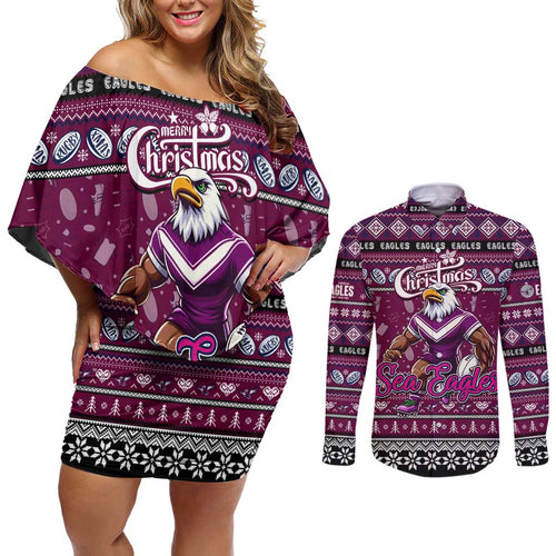 Personalized Sea Eagles Rugby Xmas Couples Matching Off Shoulder Short Dress and Long Sleeve Button Shirt Australia NRL Mascot
