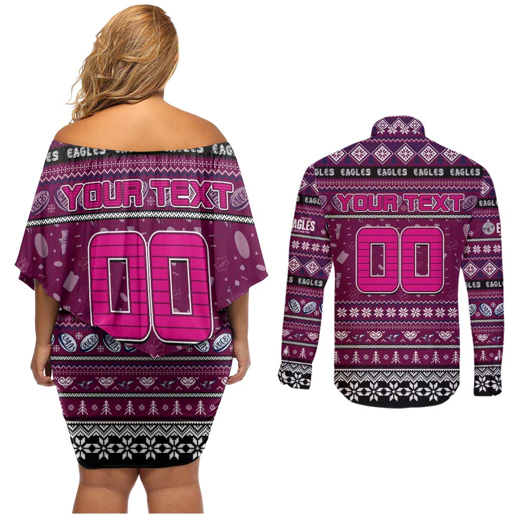 Personalized Sea Eagles Rugby Xmas Couples Matching Off Shoulder Short Dress and Long Sleeve Button Shirt Australia NRL Mascot
