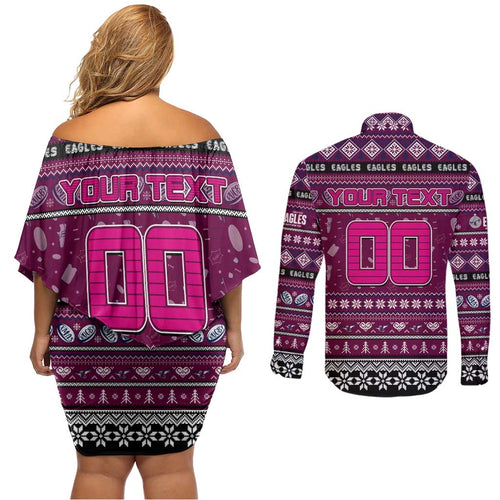 Personalized Sea Eagles Rugby Xmas Couples Matching Off Shoulder Short Dress and Long Sleeve Button Shirt Australia NRL Mascot
