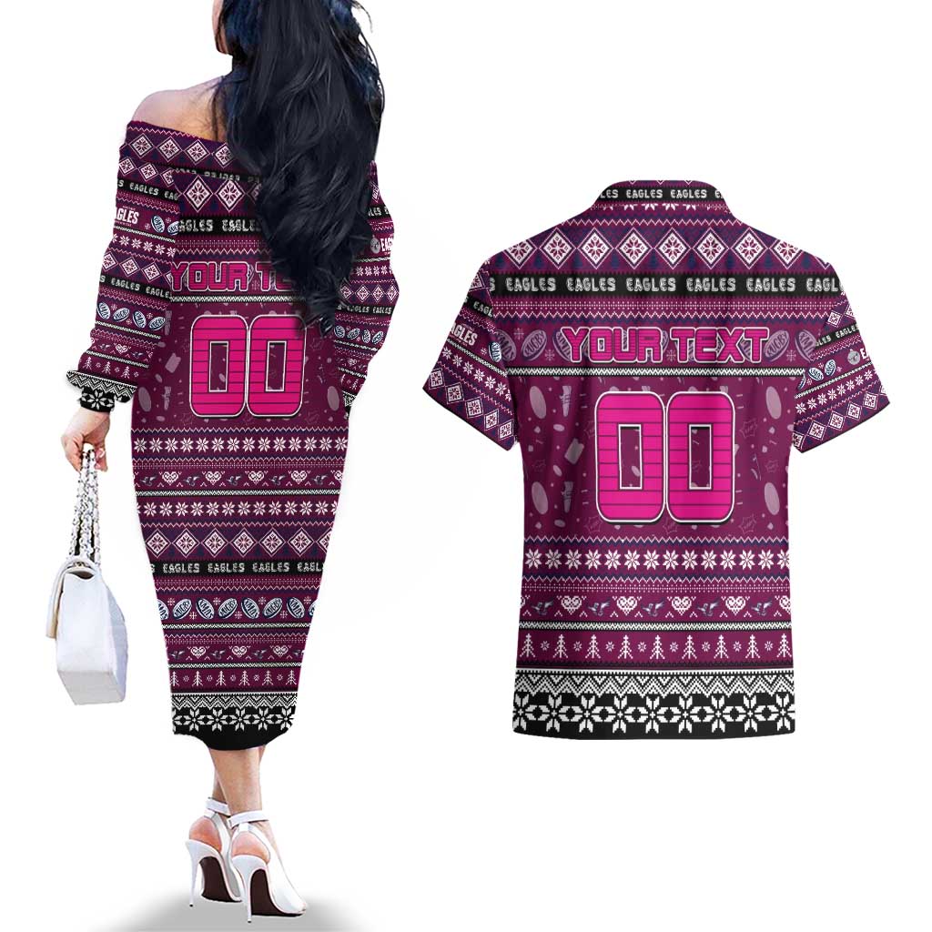 Personalized Sea Eagles Rugby Xmas Couples Matching Off The Shoulder Long Sleeve Dress and Hawaiian Shirt Australia NRL Mascot