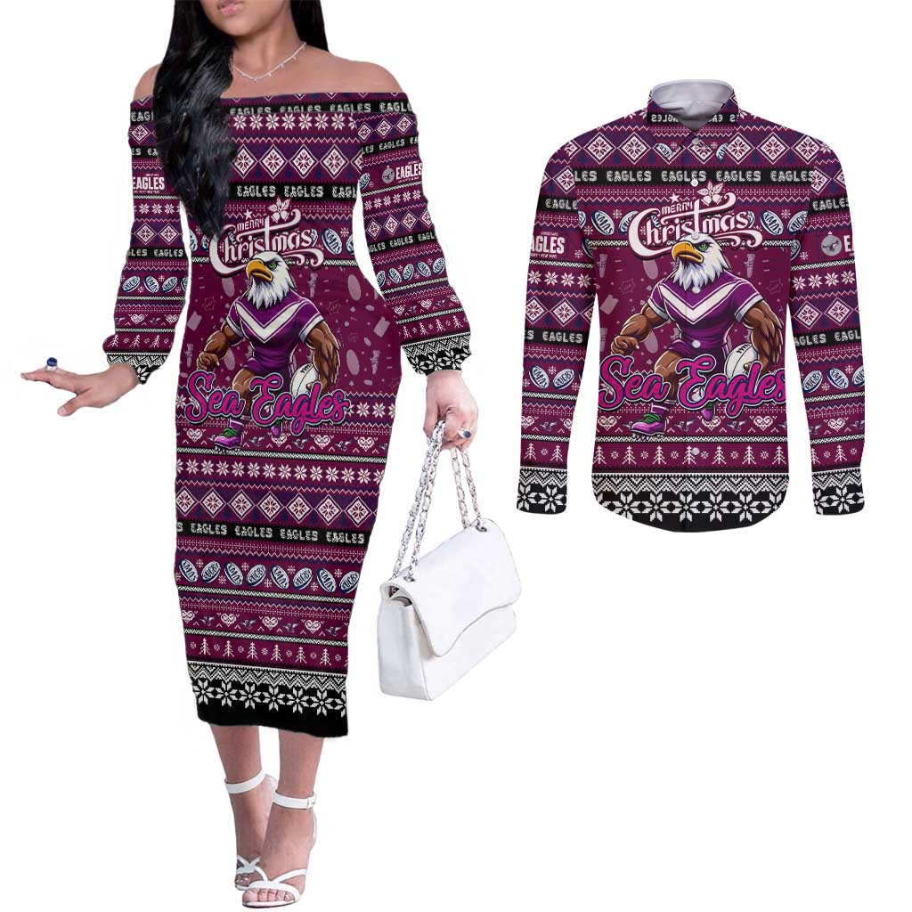 Personalized Sea Eagles Rugby Xmas Couples Matching Off The Shoulder Long Sleeve Dress and Long Sleeve Button Shirt Australia NRL Mascot