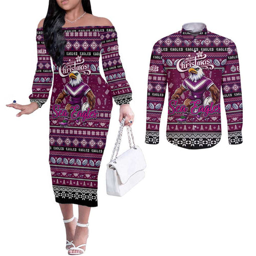 Personalized Sea Eagles Rugby Xmas Couples Matching Off The Shoulder Long Sleeve Dress and Long Sleeve Button Shirt Australia NRL Mascot