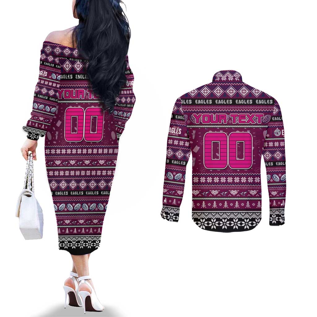 Personalized Sea Eagles Rugby Xmas Couples Matching Off The Shoulder Long Sleeve Dress and Long Sleeve Button Shirt Australia NRL Mascot