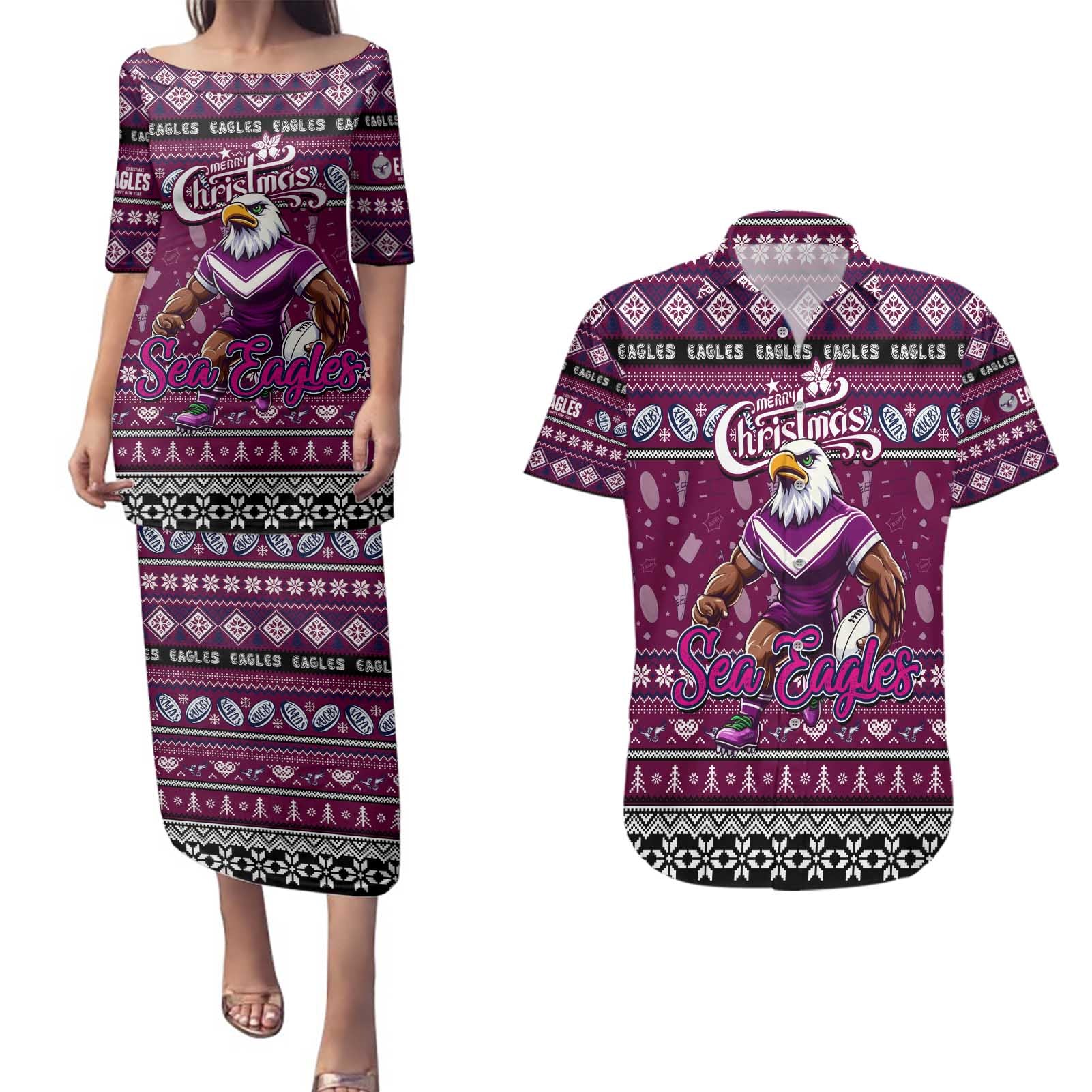 Personalized Sea Eagles Rugby Xmas Couples Matching Puletasi and Hawaiian Shirt Australia NRL Mascot