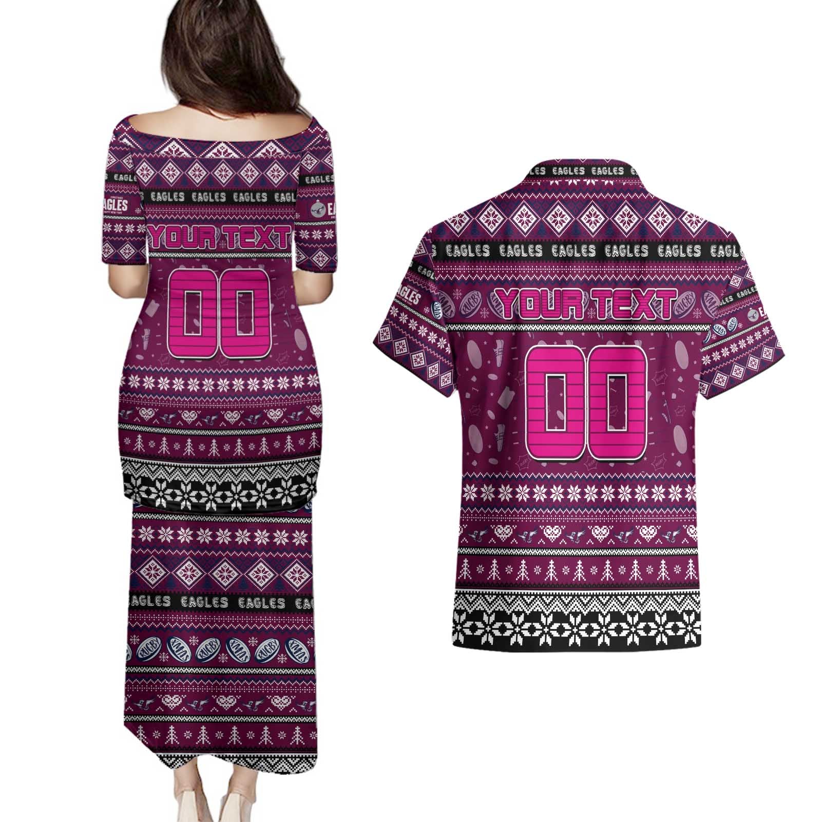 Personalized Sea Eagles Rugby Xmas Couples Matching Puletasi and Hawaiian Shirt Australia NRL Mascot