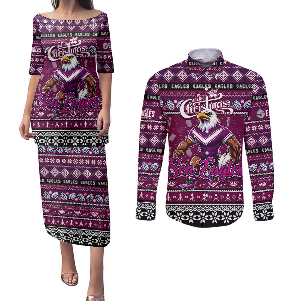Personalized Sea Eagles Rugby Xmas Couples Matching Puletasi and Long Sleeve Button Shirt Australia NRL Mascot