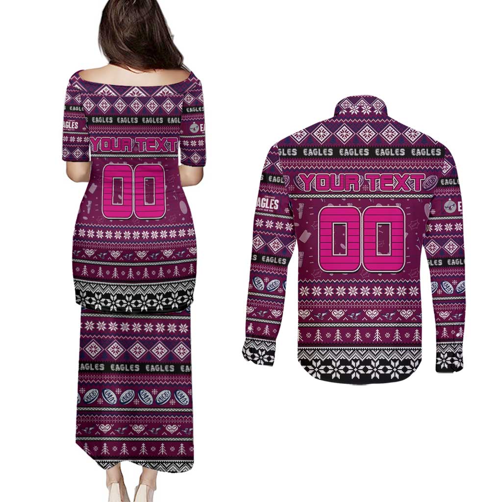 Personalized Sea Eagles Rugby Xmas Couples Matching Puletasi and Long Sleeve Button Shirt Australia NRL Mascot