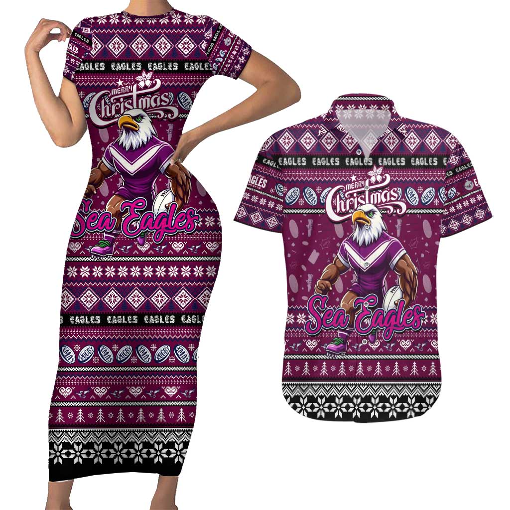 Personalized Sea Eagles Rugby Xmas Couples Matching Short Sleeve Bodycon Dress and Hawaiian Shirt Australia NRL Mascot