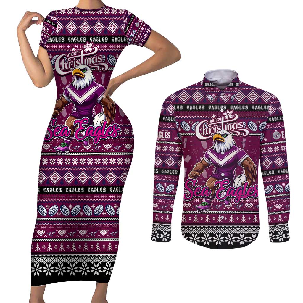 Personalized Sea Eagles Rugby Xmas Couples Matching Short Sleeve Bodycon Dress and Long Sleeve Button Shirt Australia NRL Mascot
