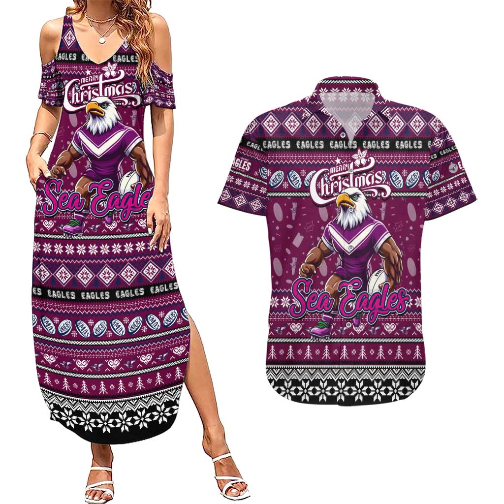 Personalized Sea Eagles Rugby Xmas Couples Matching Summer Maxi Dress and Hawaiian Shirt Australia NRL Mascot