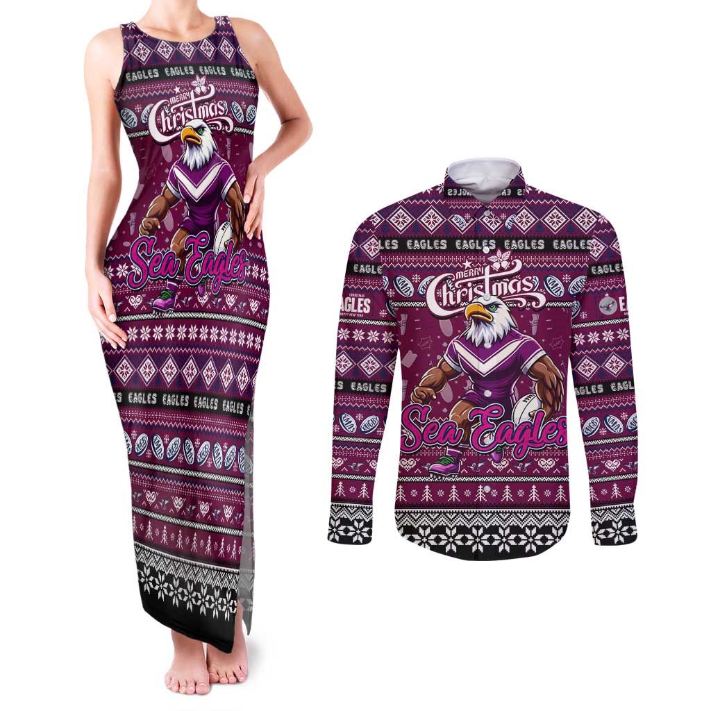 Personalized Sea Eagles Rugby Xmas Couples Matching Tank Maxi Dress and Long Sleeve Button Shirt Australia NRL Mascot