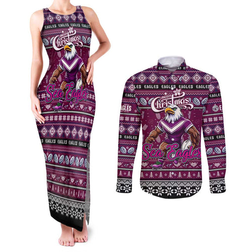 Personalized Sea Eagles Rugby Xmas Couples Matching Tank Maxi Dress and Long Sleeve Button Shirt Australia NRL Mascot
