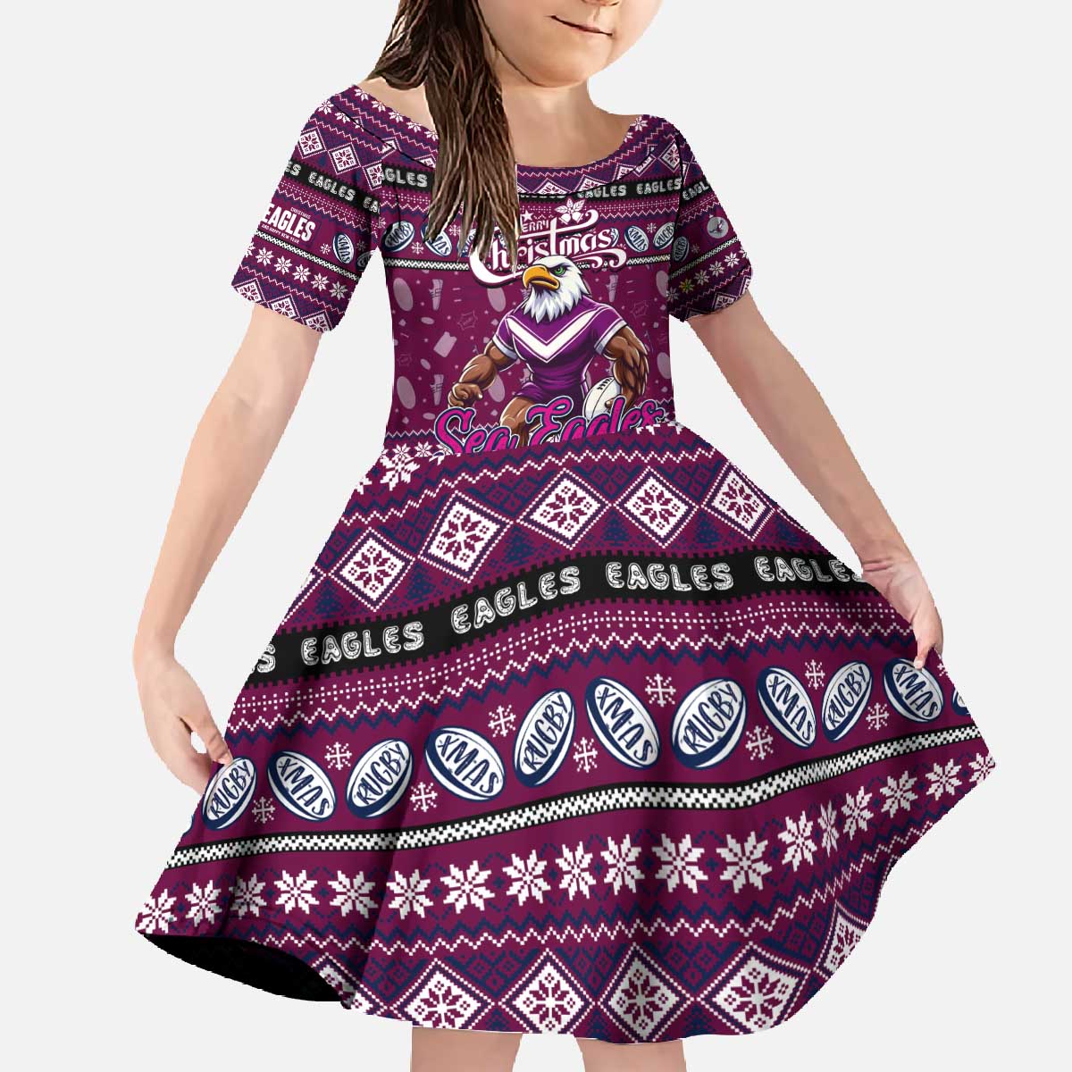 Personalized Sea Eagles Rugby Xmas Family Matching Off The Shoulder Long Sleeve Dress and Hawaiian Shirt Australia NRL Mascot