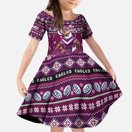 Personalized Sea Eagles Rugby Xmas Family Matching Off The Shoulder Long Sleeve Dress and Hawaiian Shirt Australia NRL Mascot