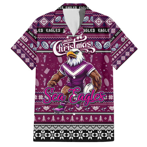 Personalized Sea Eagles Rugby Xmas Family Matching Off The Shoulder Long Sleeve Dress and Hawaiian Shirt Australia NRL Mascot