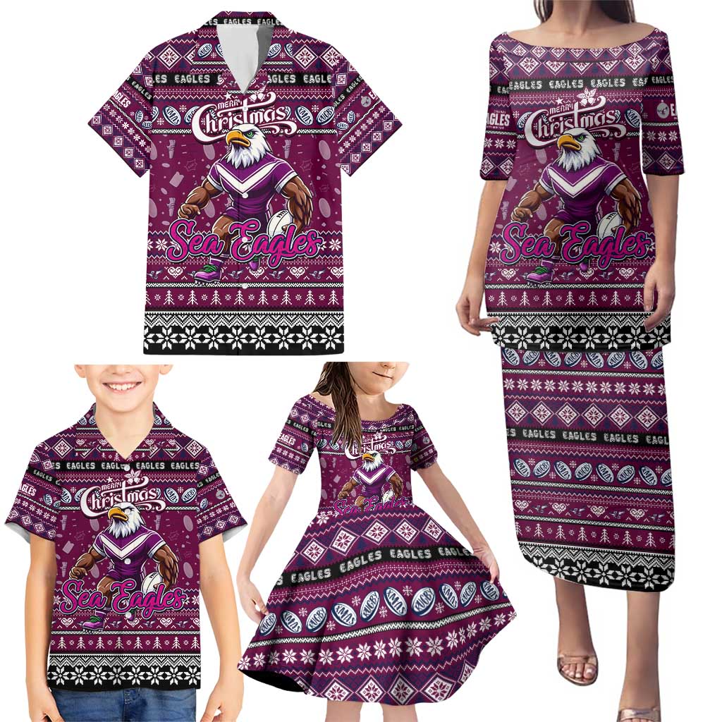 Personalized Sea Eagles Rugby Xmas Family Matching Puletasi and Hawaiian Shirt Australia NRL Mascot
