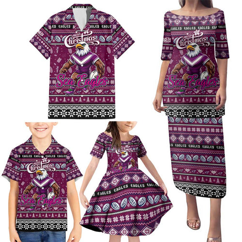 Personalized Sea Eagles Rugby Xmas Family Matching Puletasi and Hawaiian Shirt Australia NRL Mascot
