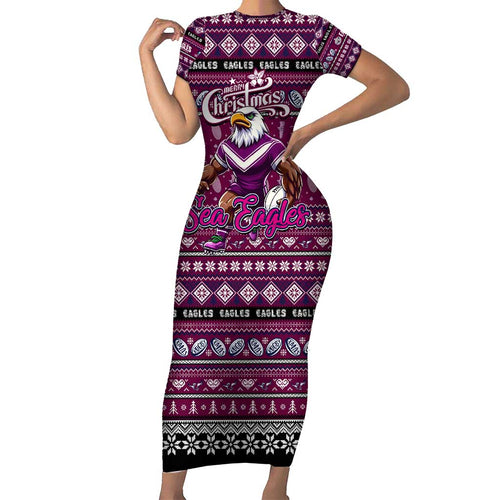 Personalized Sea Eagles Rugby Xmas Short Sleeve Bodycon Dress Australia NRL Mascot