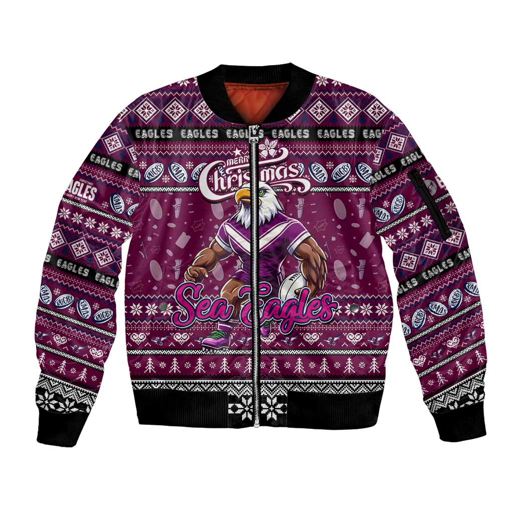 Personalized Sea Eagles Rugby Xmas Sleeve Zip Bomber Jacket Australia NRL Mascot