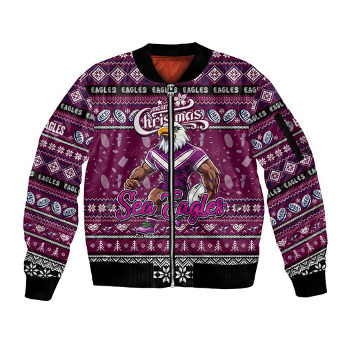 Personalized Sea Eagles Rugby Xmas Sleeve Zip Bomber Jacket Australia NRL Mascot