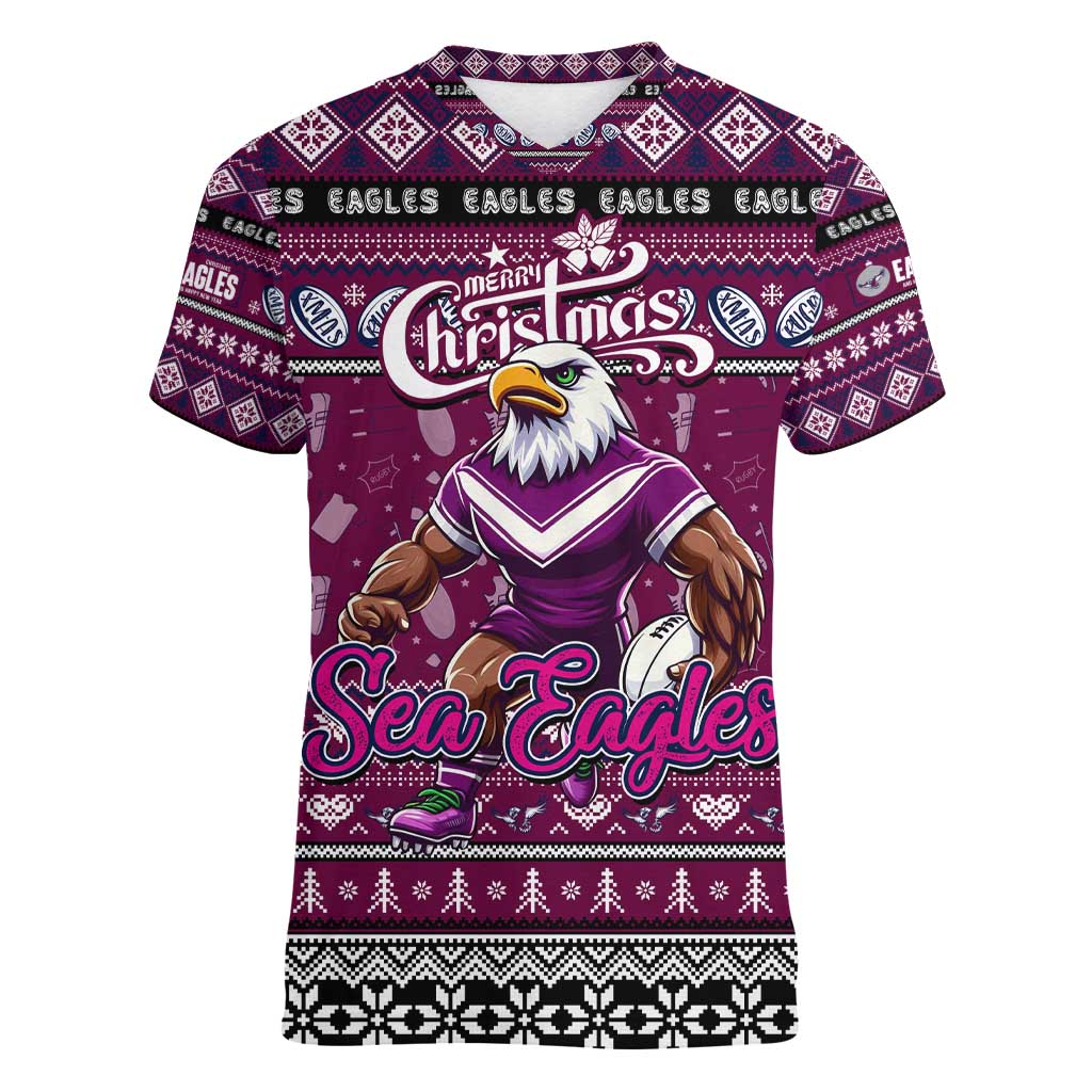 Personalized Sea Eagles Rugby Xmas Women V-Neck T-Shirt Australia NRL Mascot