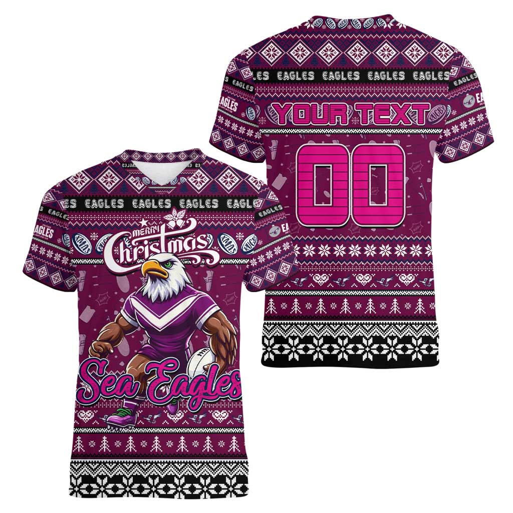 Personalized Sea Eagles Rugby Xmas Women V-Neck T-Shirt Australia NRL Mascot