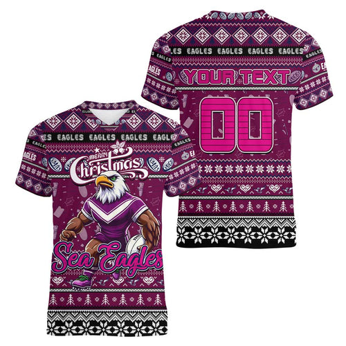 Personalized Sea Eagles Rugby Xmas Women V-Neck T-Shirt Australia NRL Mascot