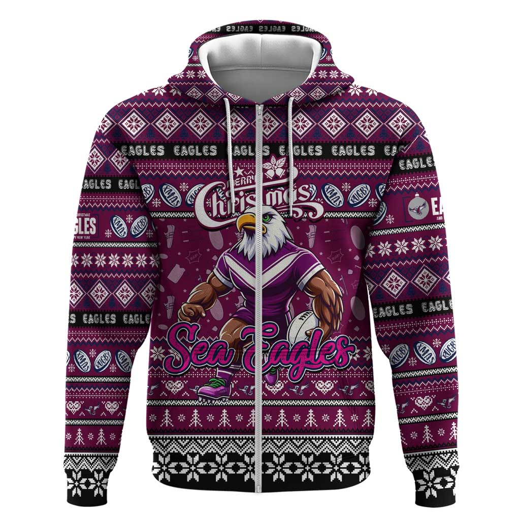 Personalized Sea Eagles Rugby Xmas Zip Hoodie Australia NRL Mascot