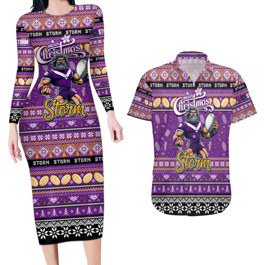 Personalized Storm Rugby Xmas Couples Matching Long Sleeve Bodycon Dress and Hawaiian Shirt Australia NRL Mascot