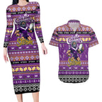 Personalized Storm Rugby Xmas Couples Matching Long Sleeve Bodycon Dress and Hawaiian Shirt Australia NRL Mascot