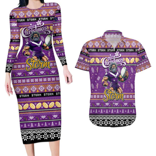 Personalized Storm Rugby Xmas Couples Matching Long Sleeve Bodycon Dress and Hawaiian Shirt Australia NRL Mascot